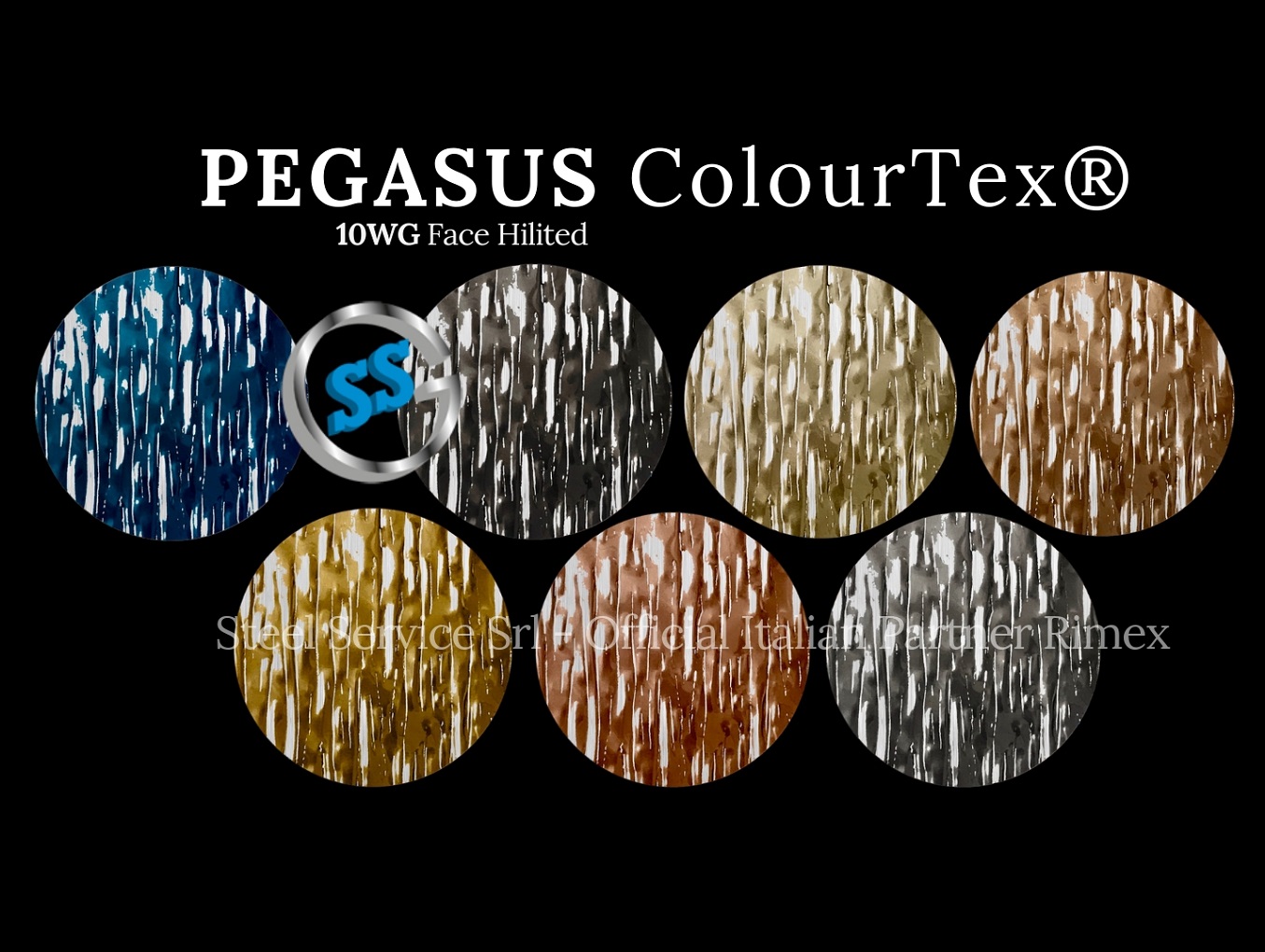 Lamiere bugnate colorate, Palette varianti elettro-colorate inox ColourTex delle lamiere inox 10WG PEGASUS, inox rigidizzato galvanico 10WG PEGASUS, inox legno elettro-colorato