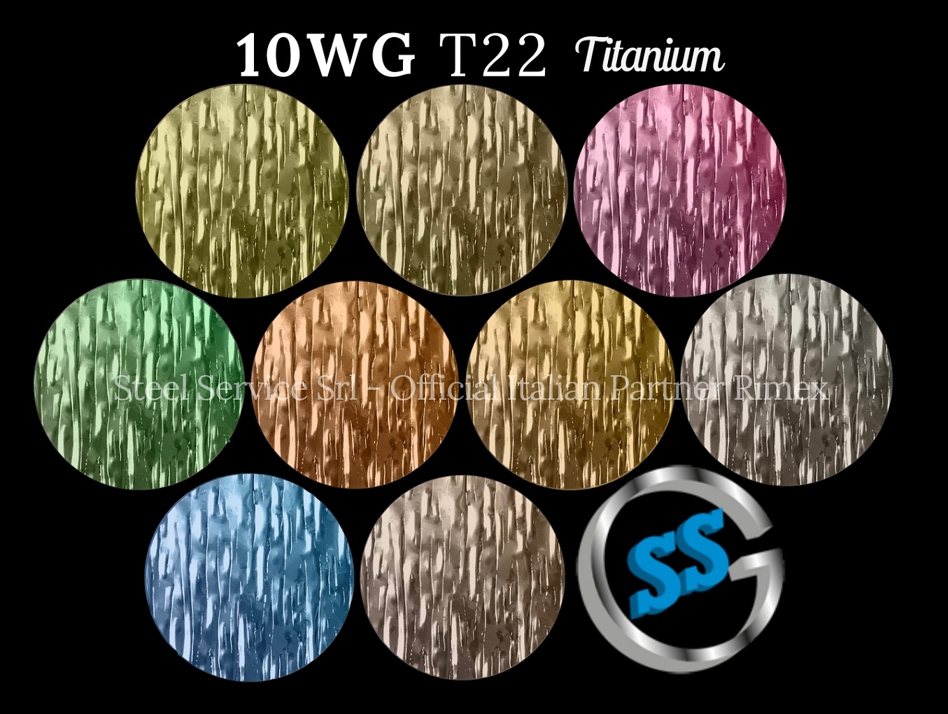 Lamiere bugnate colorate, Palette varianti colorate inox T22 Titanium delle lamiere inox 10WG, inox rigidizzato 10WG, inox effetto legno