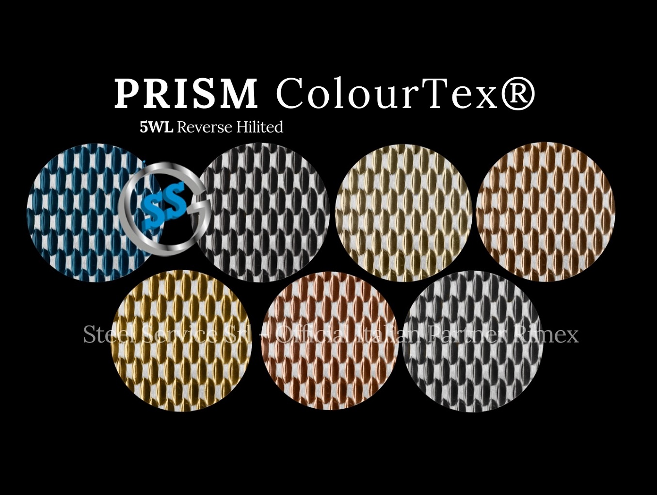 Lamiere bugnate 5WL colorate, Palette varianti elettro-colorate inox ColourTex delle lamiere inox 5WL PRISM, inox rigidizzato galvanico 5WL PRISM, inox chicco di riso elettro-colorato