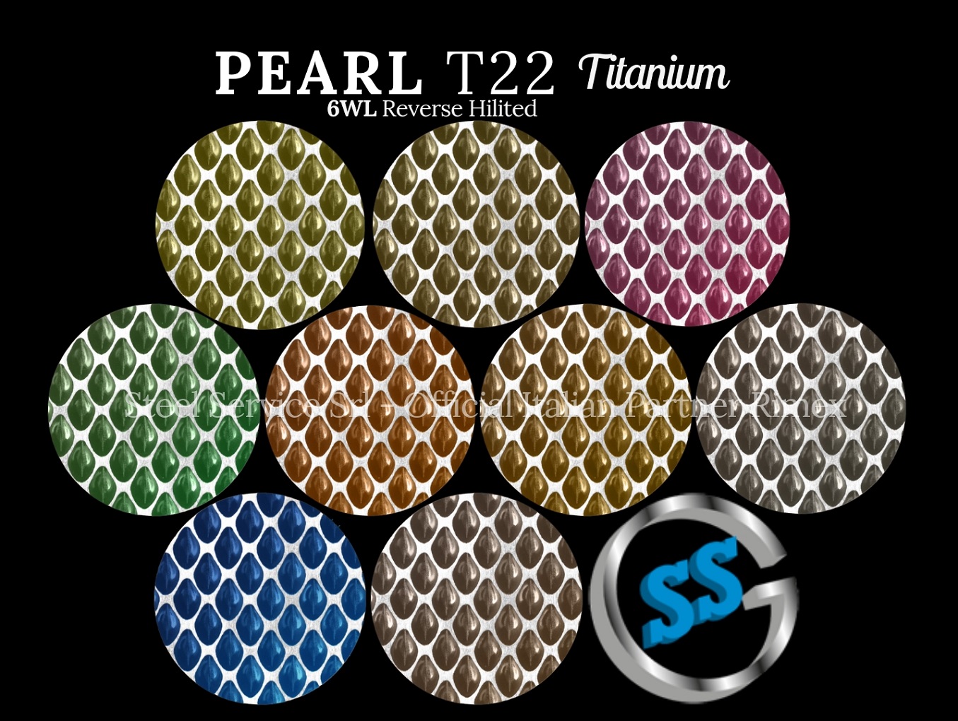 Lamiere bugnate colorate, Palette varianti colorate inox T22 Titanium delle lamiere inox 6WL PEARL, inox rigidizzato 6WL PEARL