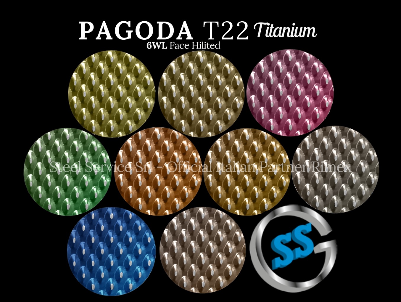 Lamiere bugnate colorate, Palette varianti colorate inox T22 Titanium delle lamiere inox 6WL PAGODA, inox rigidizzato 6WL PAGODA