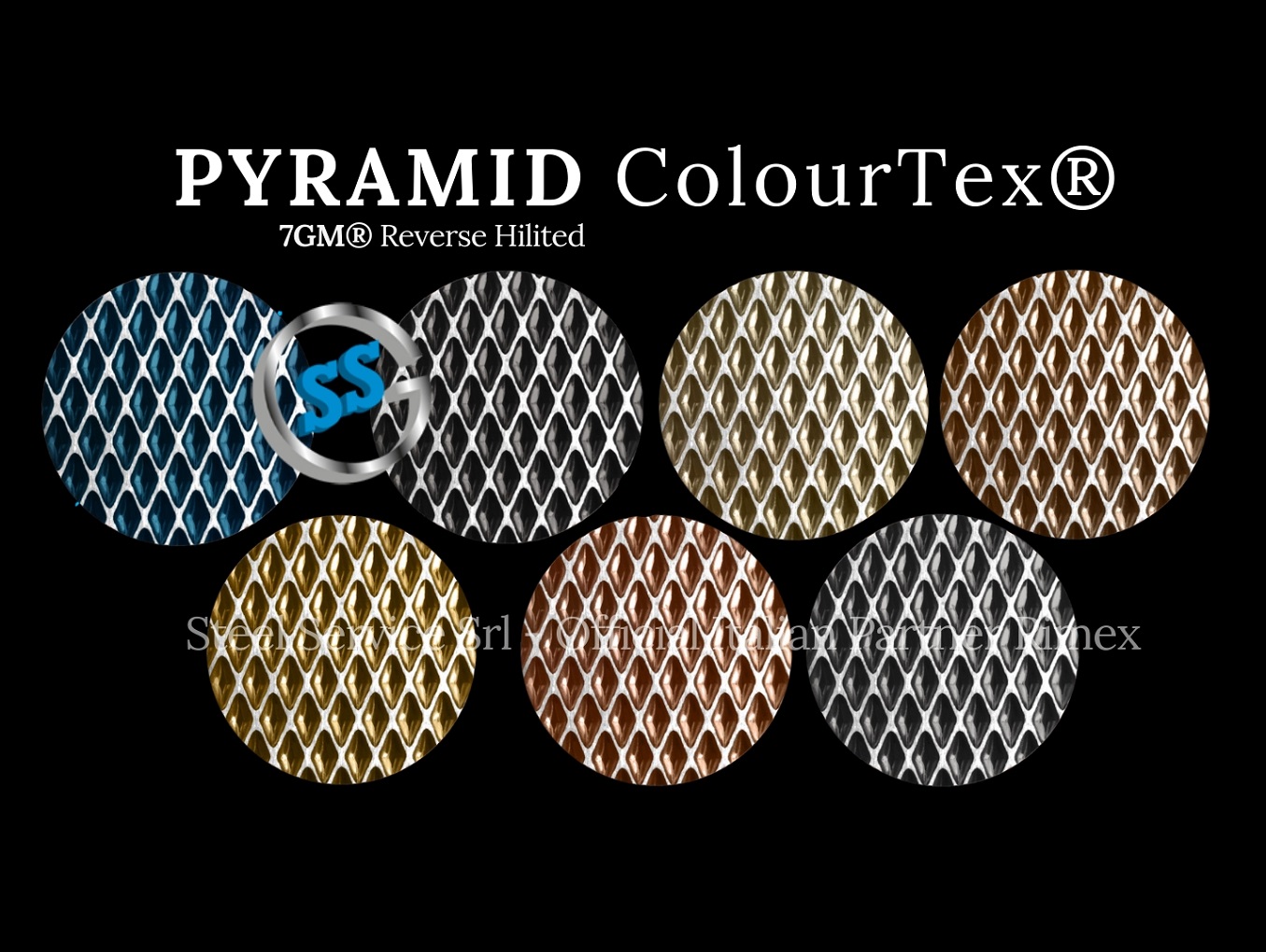 Lamiere bugnate colorate, Palette varianti elettro-colorate inox ColourTex delle lamiere inox 7GM PYRAMID, inox rigidizzato 7GM PYRAMID