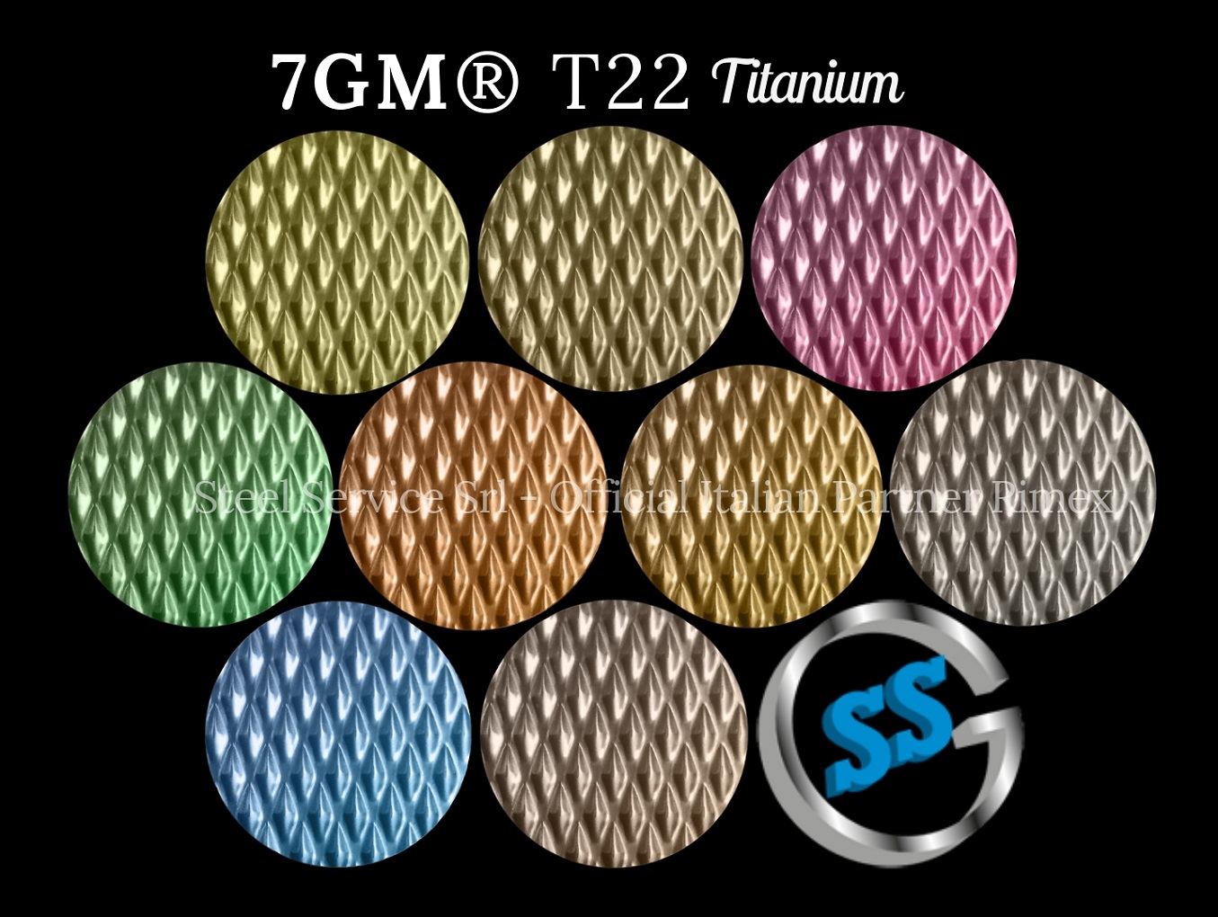 Lamiere bugnate 7GM colorate, Palette varianti colorate inox T22 Titanium delle lamiere inox 7GM , inox rigidizzato 7GM, inox 7WL