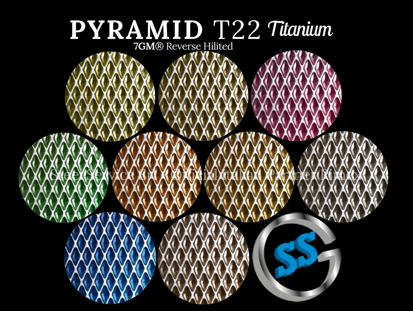 Lamiere bugnate colorate, Palette varianti colorate inox T22 Titanium delle lamiere inox 7GM PYRAMID, inox rigidizzato 7GM PYRAMID