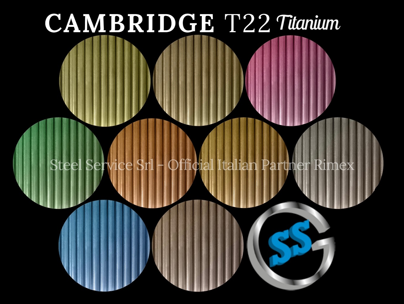 Lamiere bugnate colorate, Palette varianti colorate inox T22 Titanium delle lamiere inox CAMBRIDGE, inox rigidizzato CAMBRIDGE, inox bugnato CAMBRIDGE, inox millerighe