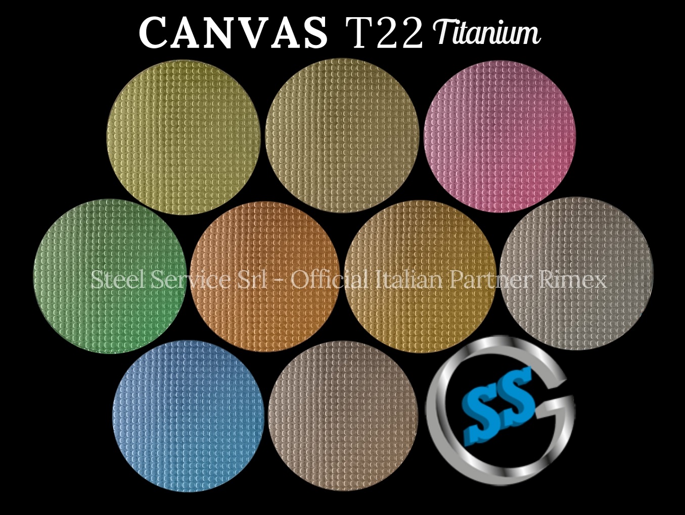 Lamiere bugnate decorative colorate, Palette varianti colorate inox T22 Titanium delle lamiere inox CANVAS, inox decorato CANVAS