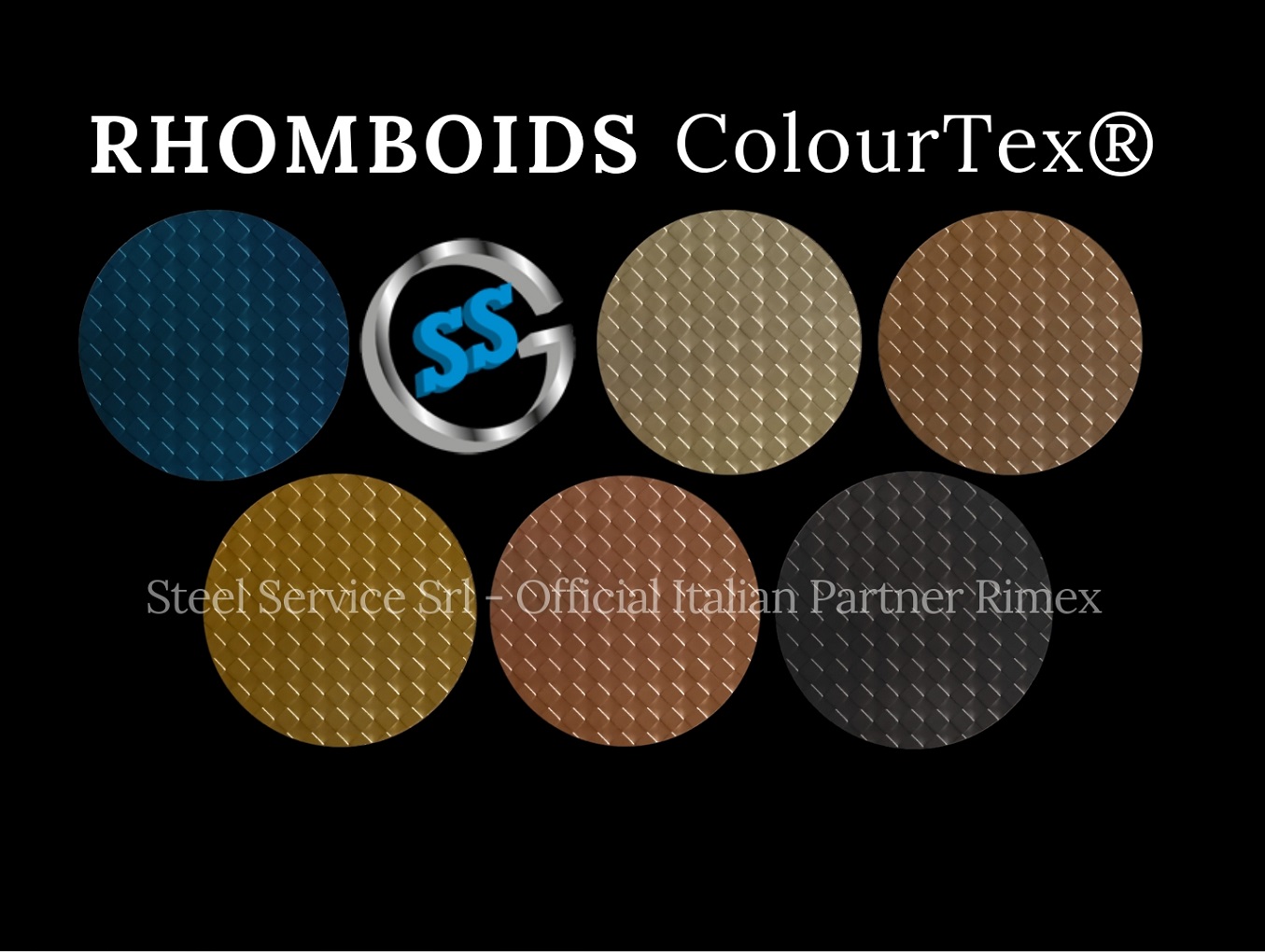 Lamiere bugnate decorative, Palette varianti elettro-colorate inox ColourTex delle lamiere inox RHOMBOIDS, inox decorato galvanico RHOMBOIDS