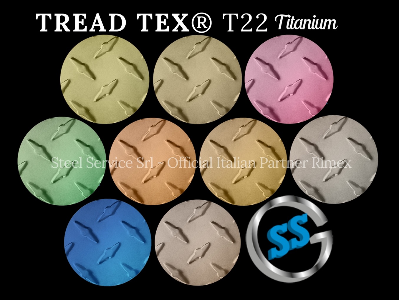 Lamiere bugnate colorate, Palette varianti colorate inox T22 Titanium delle lamiere inox TREADTEX, inox rigidizzato TREADTEX, inox bugnato TREADTEX, inox mandorlato antiscivolo