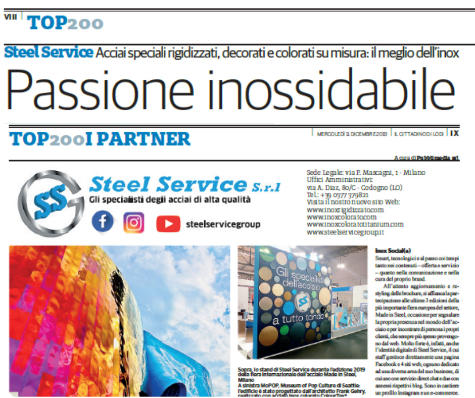 Passione inossidabile Steel Service sull’inserto Top 200 de Il Cittadino