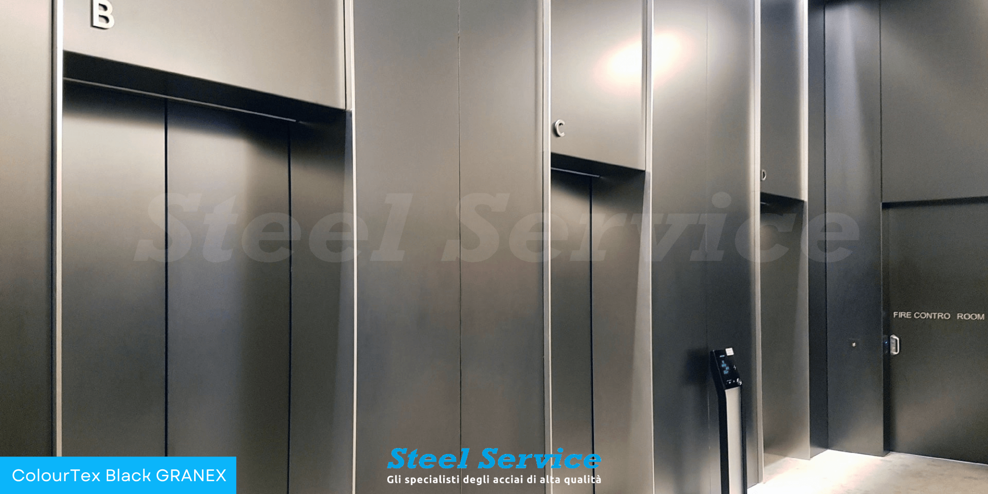 Rivestimenti pareti esterne ascensori inox Black granex, inox elettro-colorato nero micropallinato